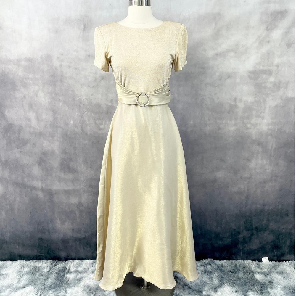 VTG Night Way Collections Gown Womens 6 Gold Shimmer Minimal Glam Old Hollywood